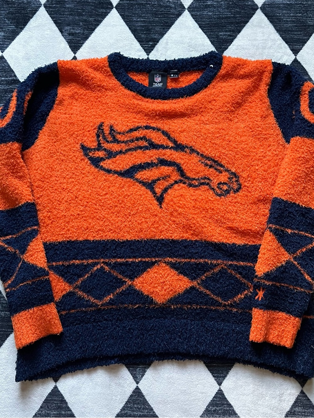 NFL Orange and Navy Broncos Fuzzy Crewneck Sweater